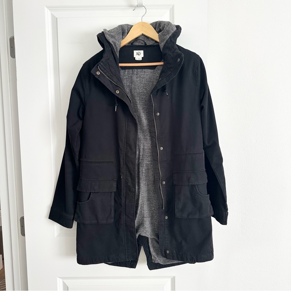TenTree Navy Hooded Trench Jacket w/ soft Gray Lining - style fits tall woman!